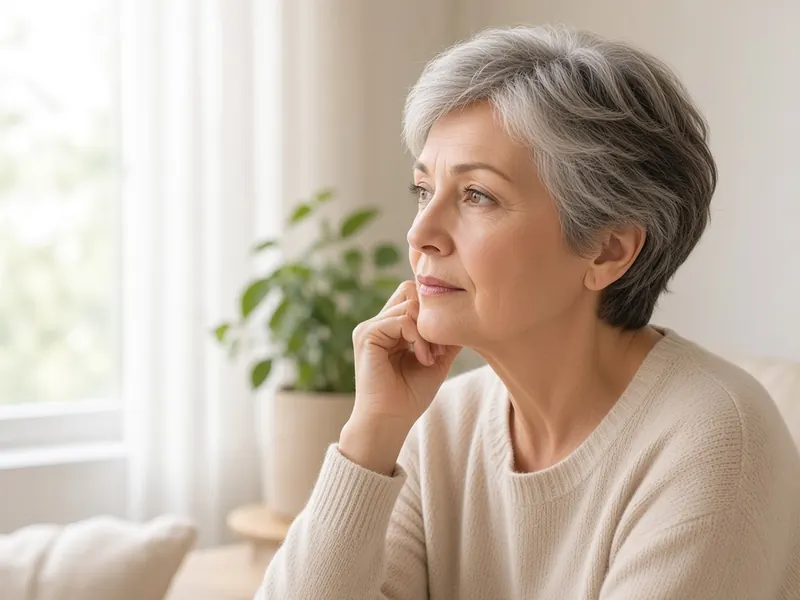 Femme qui regarde vers une fenêtre lumineuse, attentive à sa vision